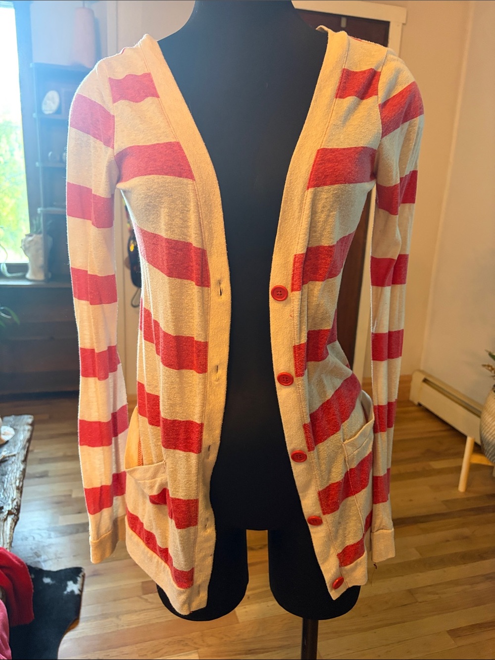 Urban Outfitters Red and Cream Striped Button-Front Cardigan